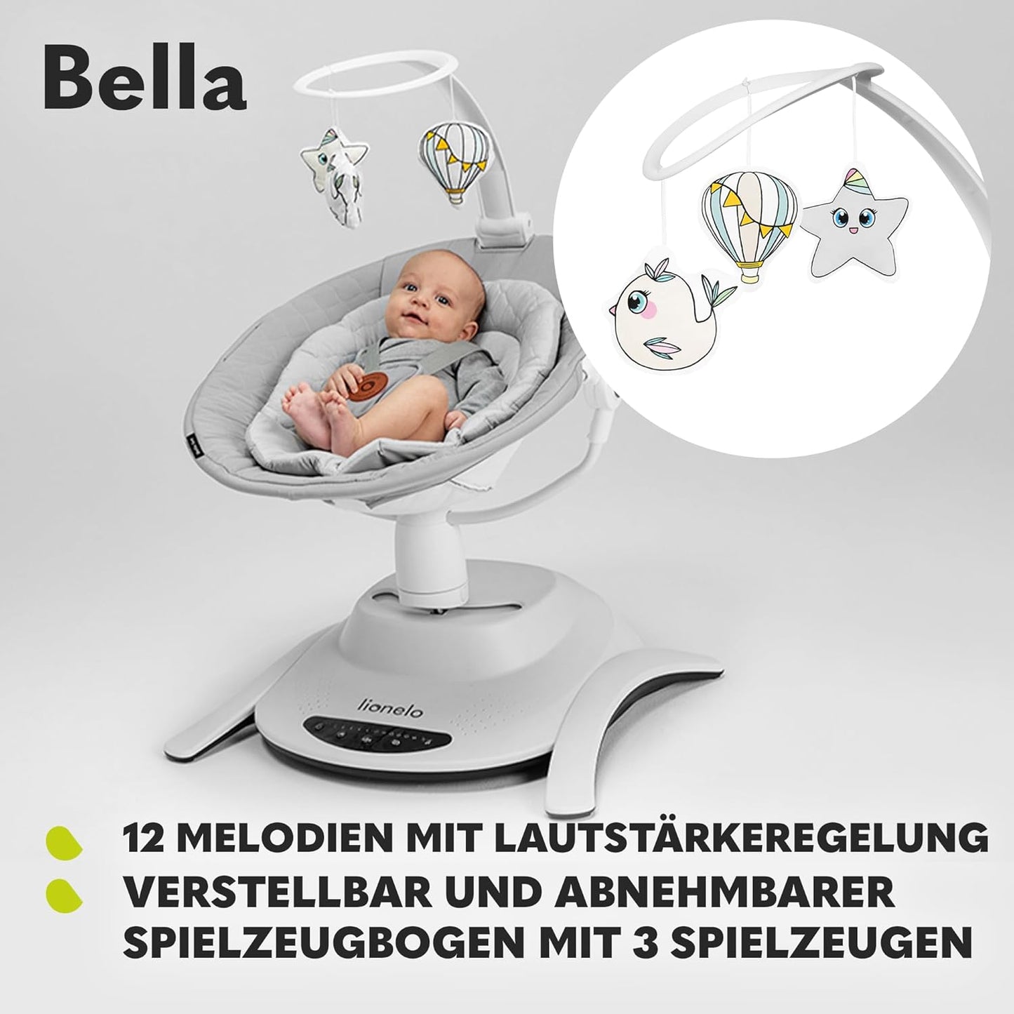 LIONELO Bella Elektrische Babywippe 360o für Babys bis 9 kg, verstellbare Rückenlehne, 5 Schaukelgeschwindigkeiten Sicherheitsgurt Erkennung von Bewegungen Anti-Rutsch
