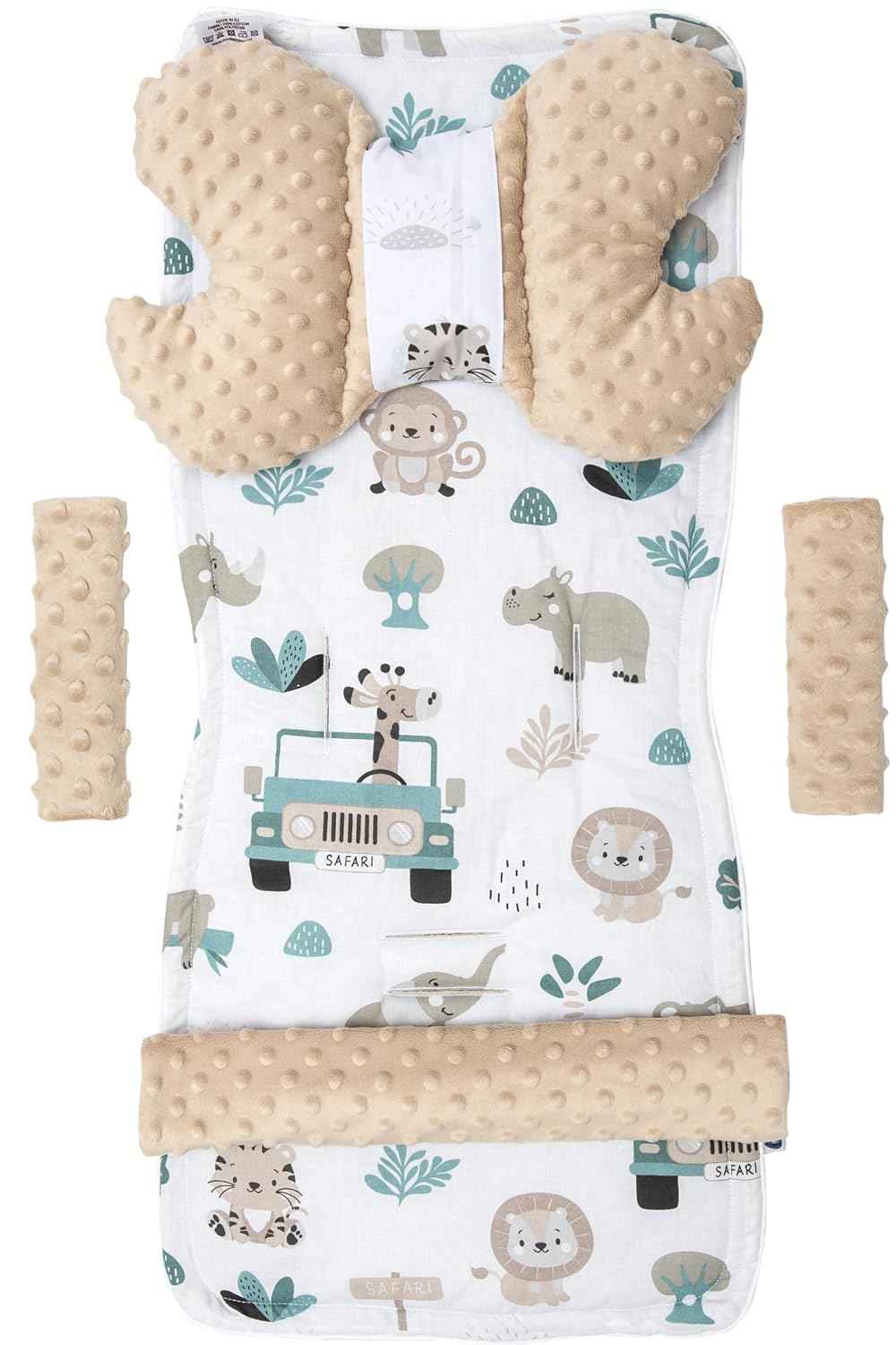 Medi Partners Sitzauflage Kinderwagen Buggy Baby Sommer Kindersitz Einlage Universal - 5tgl Gurtpolster + Spielbogen Kinderwagenset Babyschale (Safari mit beige Minky)