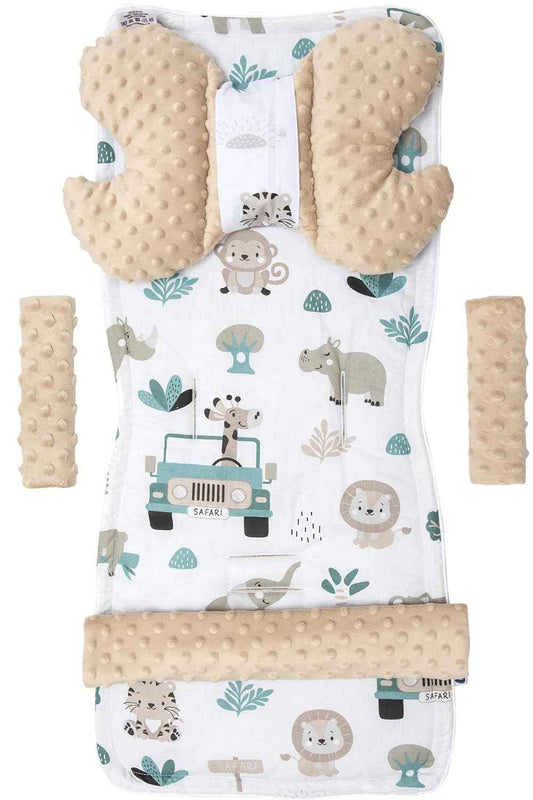 Medi Partners Sitzauflage Kinderwagen Buggy Baby Sommer Kindersitz Einlage Universal - 5tgl Gurtpolster + Spielbogen Kinderwagenset Babyschale (Safari mit beige Minky)
