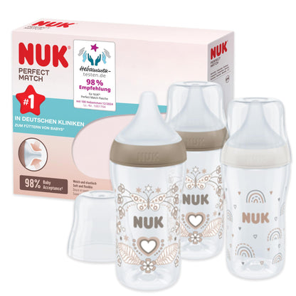 NUK Perfect Match Babyflaschenset | Ab 3 Monate | Passt sich dem Baby an | Temperature Control | Anti-Colic | 260 ml | BPA-frei | Silikontrinksauger, Medium | Regenbogen und Herz | 3 Stück - Meloni2
