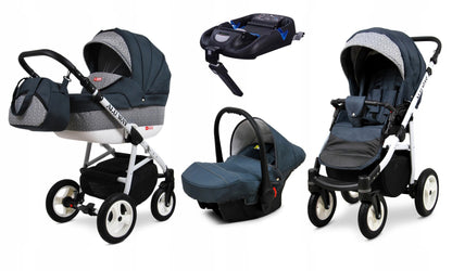 BabyLux® Kinderwagen Set 4 in 1 - Alu Way - incl. Babywanne, Buggy Sportsitz, Auto-Babyschale, ISOFIX-Basisstation - Autositz - Kinderwagenset - Kombikinderwagen mit Wickeltasche usw.