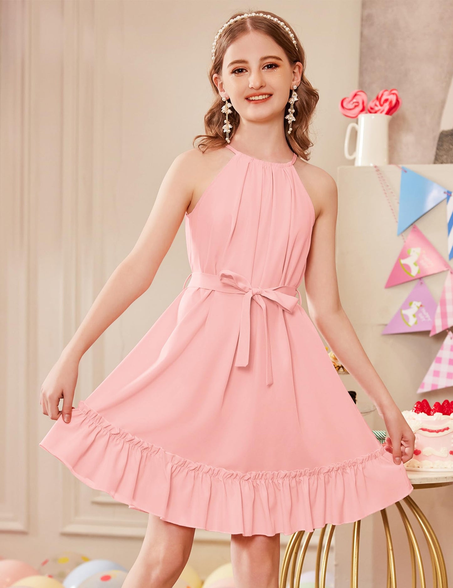 Arshiner Mädchen Kleid Neckholder Sommerkleid Rüschensaum Midikleid A-Linie Kinderkleid Swing Partykleider Abendkleid Kinder Festliche Kleider Freizeitkleid mit Gürtel 6-14 Jahre