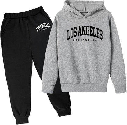 2-teiliges Herbst-Outfit mit Kapuze für Mädchen und Kinder, Los Angeles California, Active-Kinder-Sweatsuit-Sets, Sweatanzüge, Winter, Herbst, Fleece, gefüttert, mit Kapuze, sportlich, locker