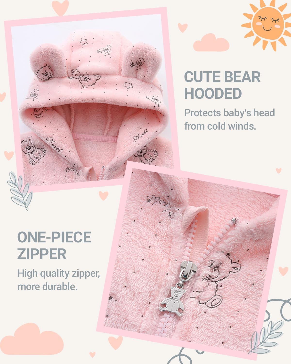 Baby Schneeanzüge mit Kapuze, Baby Overall Winter Fleece Strampler Neugeborenen Junge und Mädchen Einteiler Anzug für 0-12 Monate