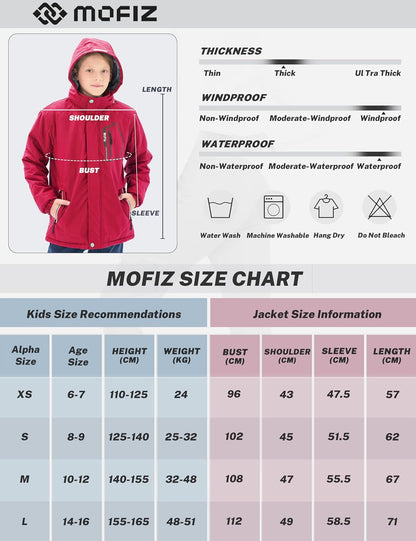 MoFiz Winter Jacket Boys Ski Jacket Warm Inner Lining Children's Outdoor Softshell Jackets Snow Jacket with Removable Hood