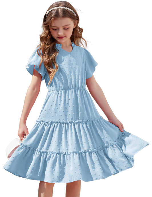 Arshiner Mädchen Kleid Festliches Rüschenärmel Sommerkleider V-Ausschnitt Partykleid Swiss Dot Stufenkleid Kinder A-Linie Swing Kinderkleid mit Tasche 3-12 Jahre