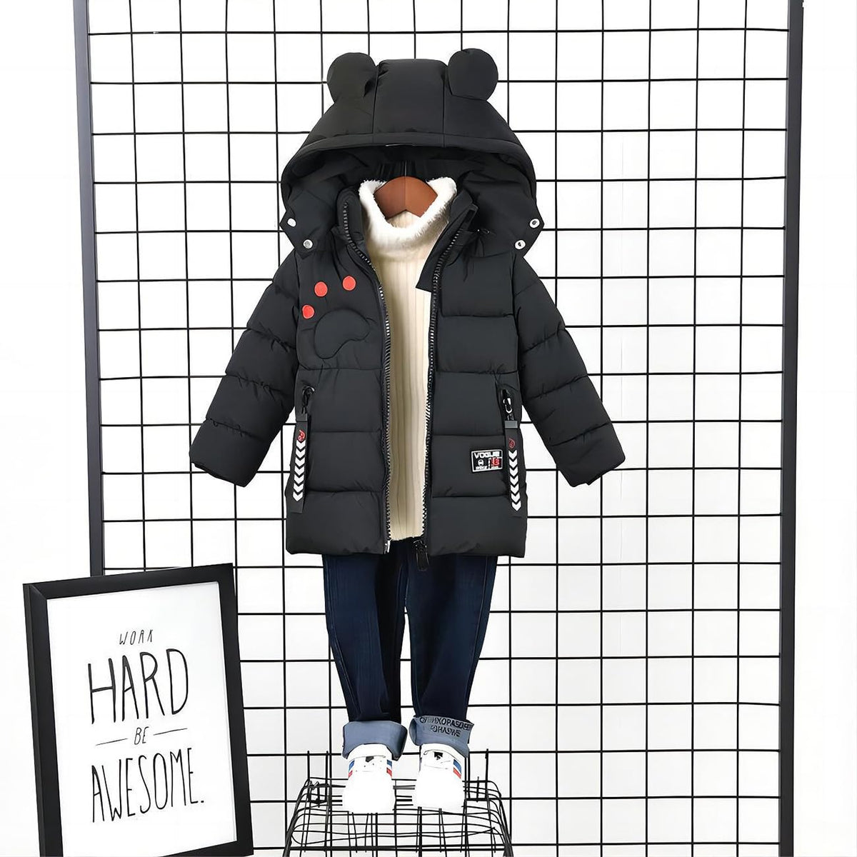 linboo Winterjacke Kinder Jungen Warm Steppjacke Dicke Mantel Baby Wintermäntel mit Kapuze Ohren Winter Kinderjacke Kapuzenjacke 2-7 Jahre
