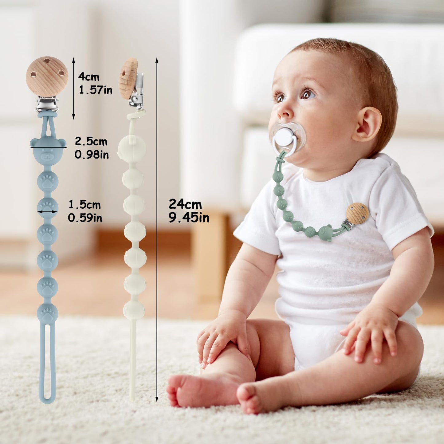 3er-Pack Schnullerkette Aus Silikon, Schnullerkette Mädchen und Mit Namen Junge, Geeignet für Baby, Hält Schnuller Sauber, Weiche Flexible BPA Frei Langlebig–Hohe Robustheit, Mandel Grün Blau