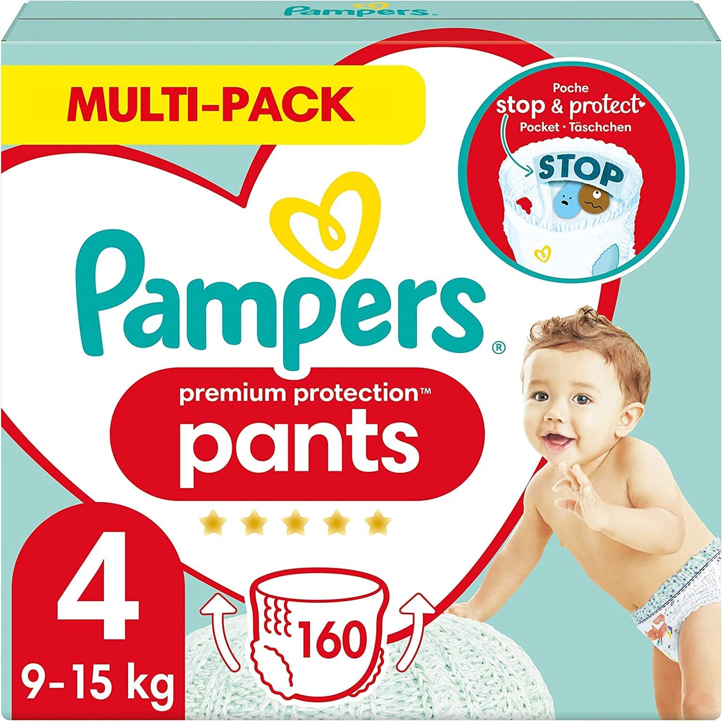 Pampers Premium Protection Pants Größe 4, 168 Windeln, 9kg-15kg, Mit 360° Passform und 2x breiteren Bündchen als vorher für unseren besten Komfort & Schutz