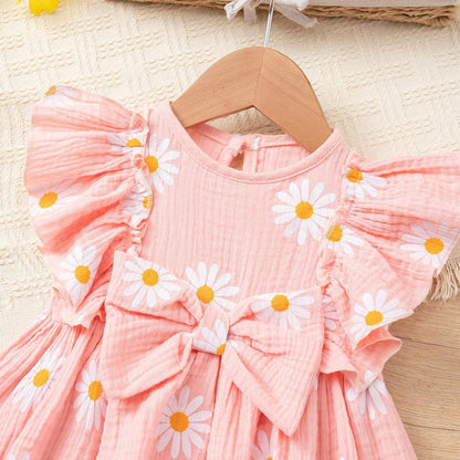 Kleinkinder Mädchen Sommerkleid Rüschenärmel Rundhalsausschnitt Knopfleiste Kleid lässiges Herbst A-Linien Party Kinderkleider 2-6 Jahre