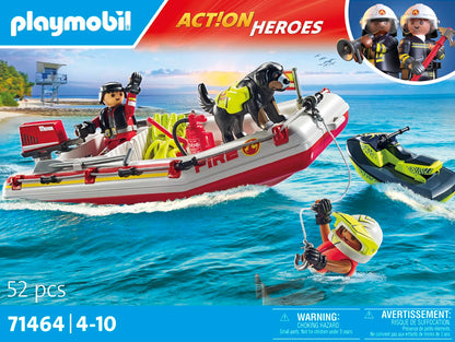 PLAYMOBIL Action Heroes 71464 Fire Boat with Aqua Scooter, Exciting Water Rescue, Includes Diving Goggles, Flippers and Life Jacket, Realistic Toy for Children from 4 Years