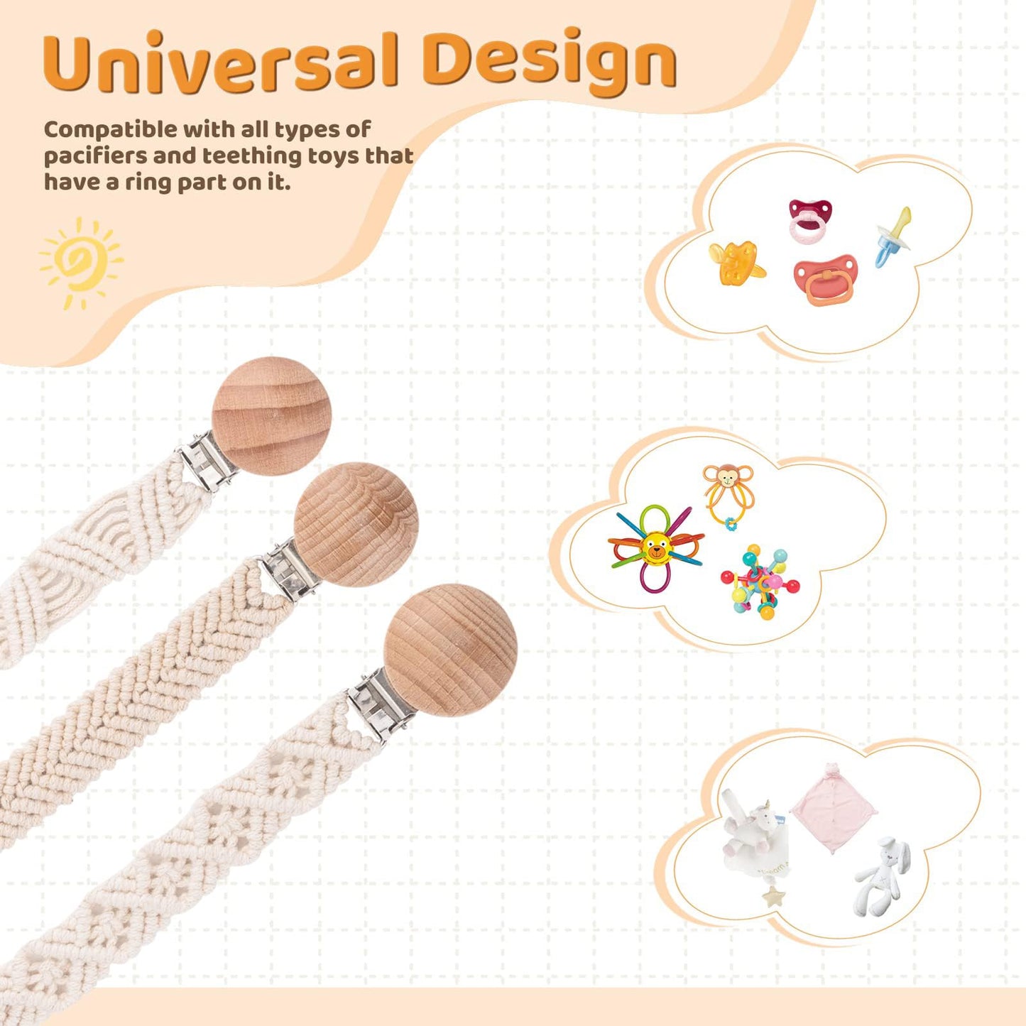 IOSPKKIO® 3 Stück Schnullerclip für Jungen und Mädchen, Schnullerhalter, mit Holzklammern, Handgefertigt, Geflochtene Baumwolle, Babyparty, Geburtstagsgeschenk(Beige)