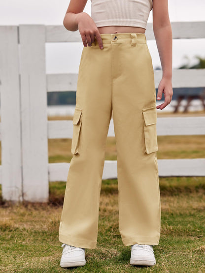 Haloumoning Mädchen Cargohose Baumwoll Y2K Baggy Cargo Hose Kinder Straight Leg Hohe Taille Jogginghose Casual Outdoorhose mit Elastische Taille und Taschen