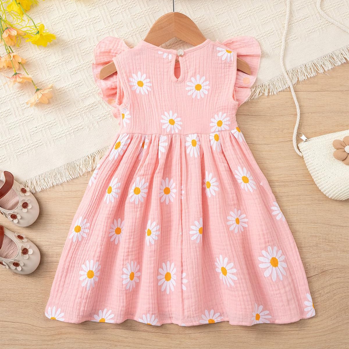 Kleinkinder Mädchen Sommerkleid Rüschenärmel Rundhalsausschnitt Knopfleiste Kleid lässiges Herbst A-Linien Party Kinderkleider 2-6 Jahre