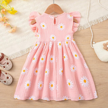 Kleinkinder Mädchen Sommerkleid Rüschenärmel Rundhalsausschnitt Knopfleiste Kleid lässiges Herbst A-Linien Party Kinderkleider 2-6 Jahre