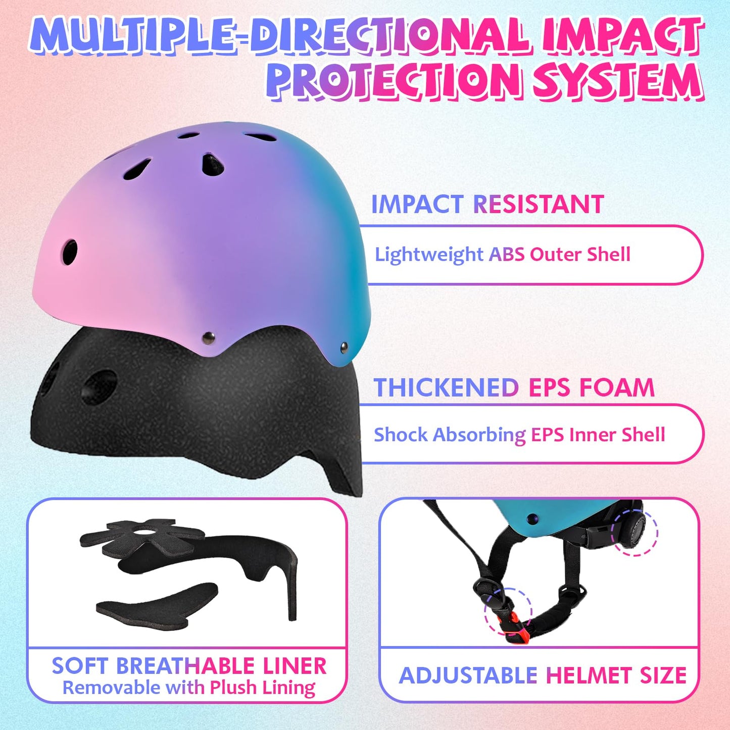 LOKJIJI Verstellbarer Kinder Fahrradhelm Skaterhelm für Mädchen Jungen Kinder Jugend, Farbe Farbverlauf Kinder Schutzhelme für Multi-Sportarten Fahrrad Skateboard Skaten