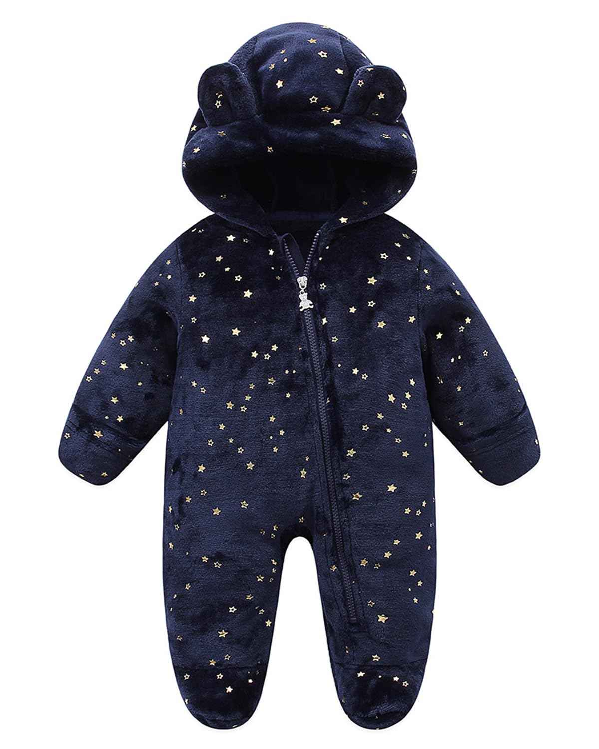 WYTbaby Baby Jumpsuit Winter Fleece Snowsuit Baby Warm Romper with Hood Autumn Winter for Boys Girls 0-12 Months