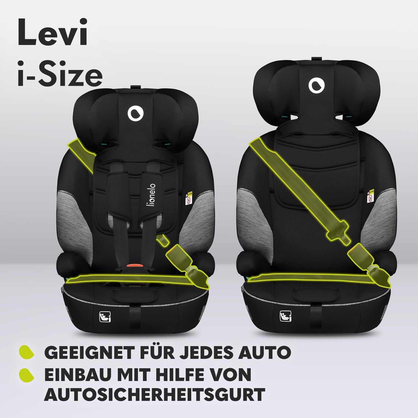 LIONELO LEVI I-SIZE 76-150 cm Kinderautositz, Gruppe 1 2 3, Seitenschutz, 10 Grad Kopfstützenverstellung Bequeme Armlehnen Verstellbare Rückenlehne, R129 i-Size