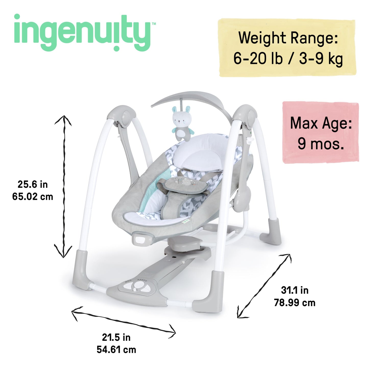 Ingenuity Hugs & Hoots zusammenklappbare & tragbare Babyschaukel, 5 Schaukelgeschwindigkeiten, 8 Melodien, 3 Naturgeräusche, Lautstärkeregulierung und Spielzeugbügel, ab der Geburt bis 9kg