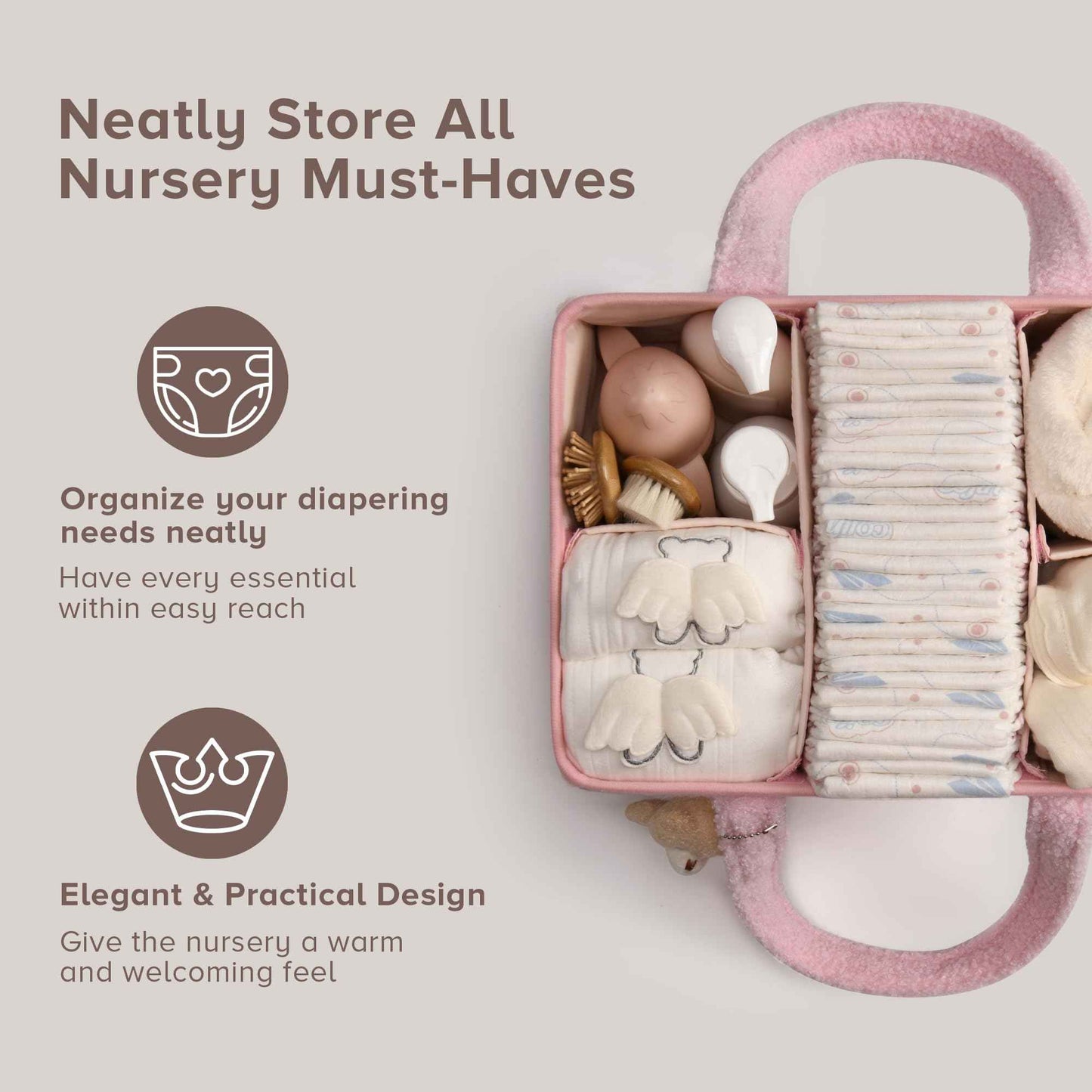 PeraBella Baby Nappy Caddy Organiser for Changing Table, Baby Storage Basket for Diapers and Wipes, Gift for Baby Shower, Car Caddy Organiser, Nursery Nappy Organiser, Portable