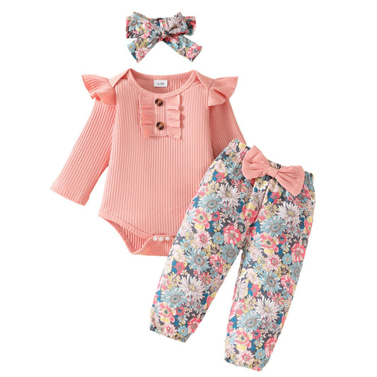 Neugeborenes Baby Mädchen Kleidung Kleinkind Gerippte Rüschen Langarm Strampler + Floral Hosen + Stirnband Nette Herbst Outfit Set