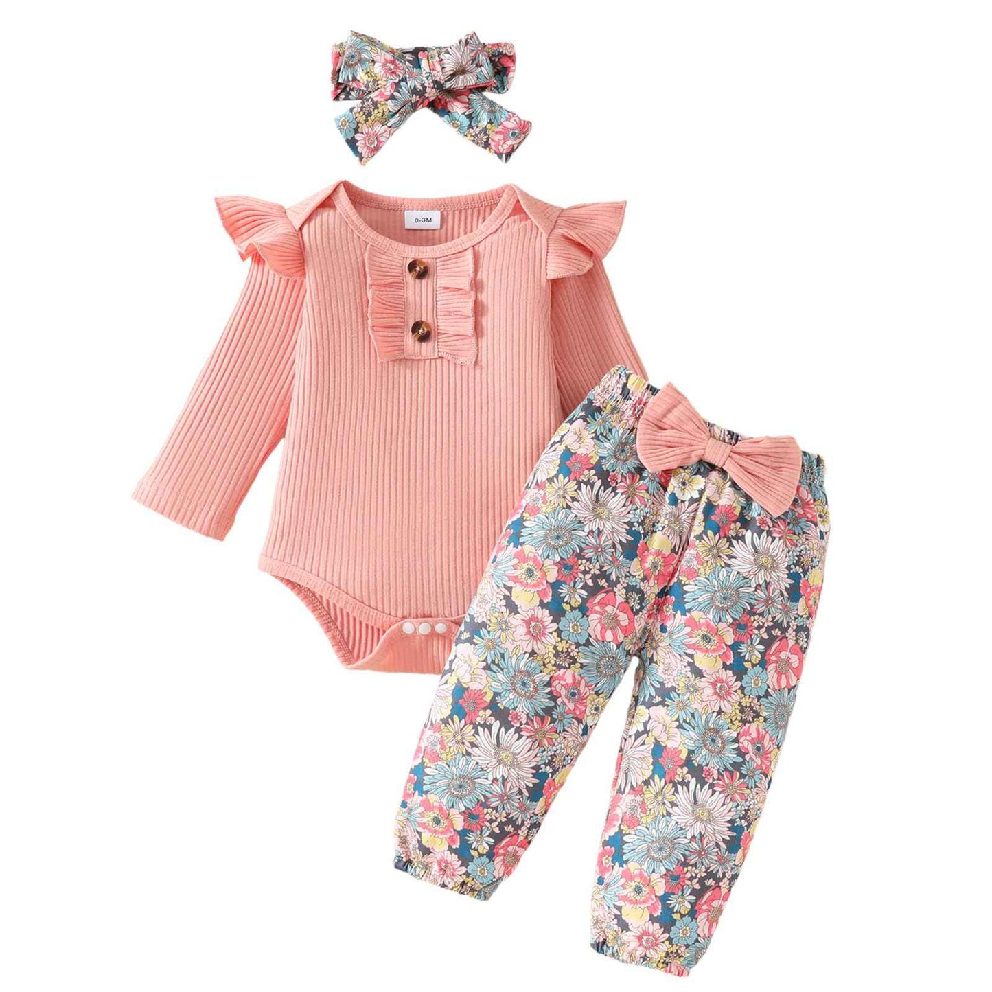 LUVCES Newborn Baby Girl Clothing Toddler Ribbed Ruffle Long Sleeve Romper + Floral Pants + Headband Cute Fall Outfit Set