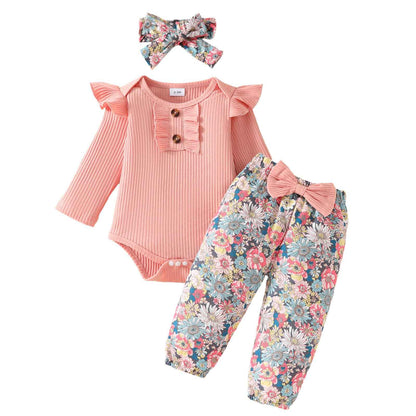 LUVCES Newborn Baby Girl Clothing Toddler Ribbed Ruffle Long Sleeve Romper + Floral Pants + Headband Cute Fall Outfit Set