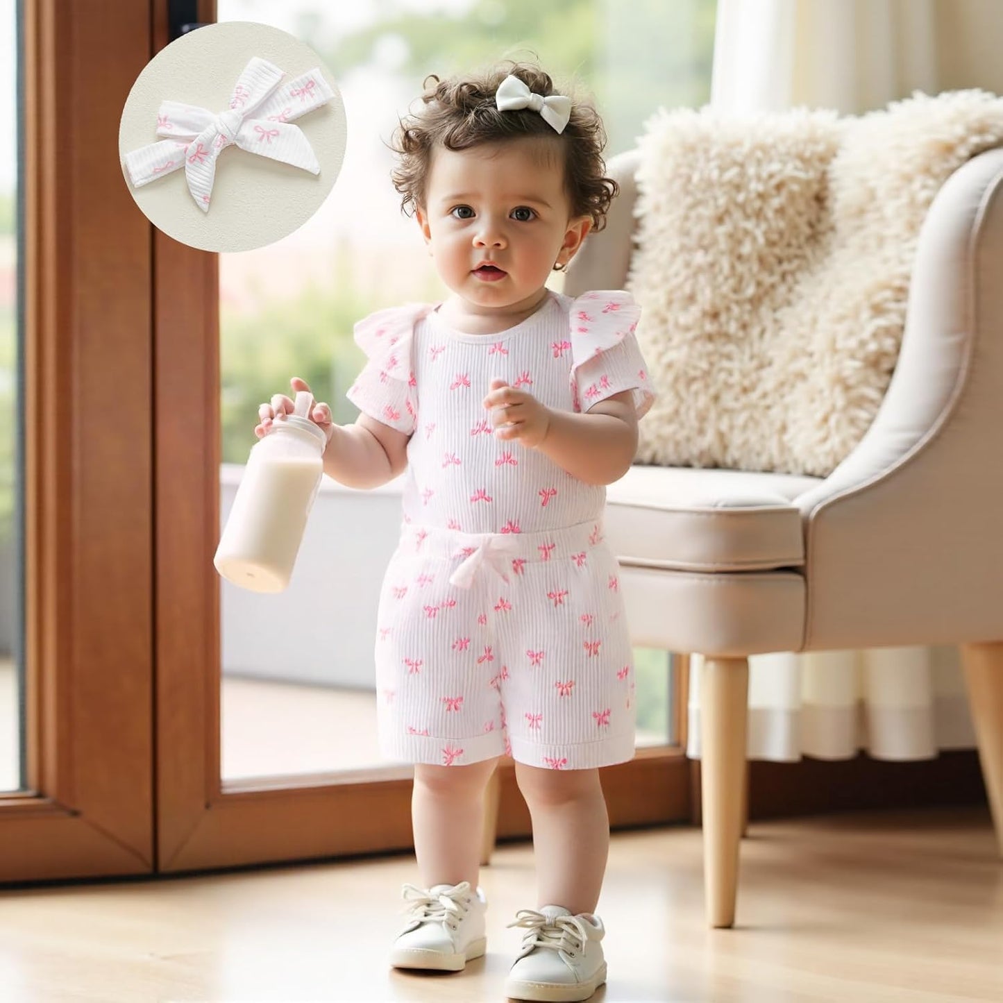 3tlg Baby Mädchen Sommer Kleidung Set Rüschen Kurzarm Strampler + Rüschen Shorts + Stirnband Babyset Weiche Neugeborene Ausgehen Outfit