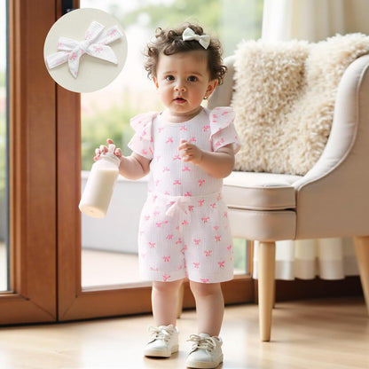 3tlg Baby Mädchen Sommer Kleidung Set Rüschen Kurzarm Strampler + Rüschen Shorts + Stirnband Babyset Weiche Neugeborene Ausgehen Outfit