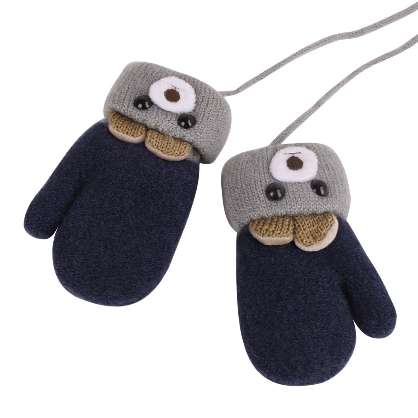 Kids Winter Gloves Mittens Baby Cartoon Mitten Neck Gloves Thick Double Knitted Glove with Plush,0 - 3 years old, Playing, Running, Skiing