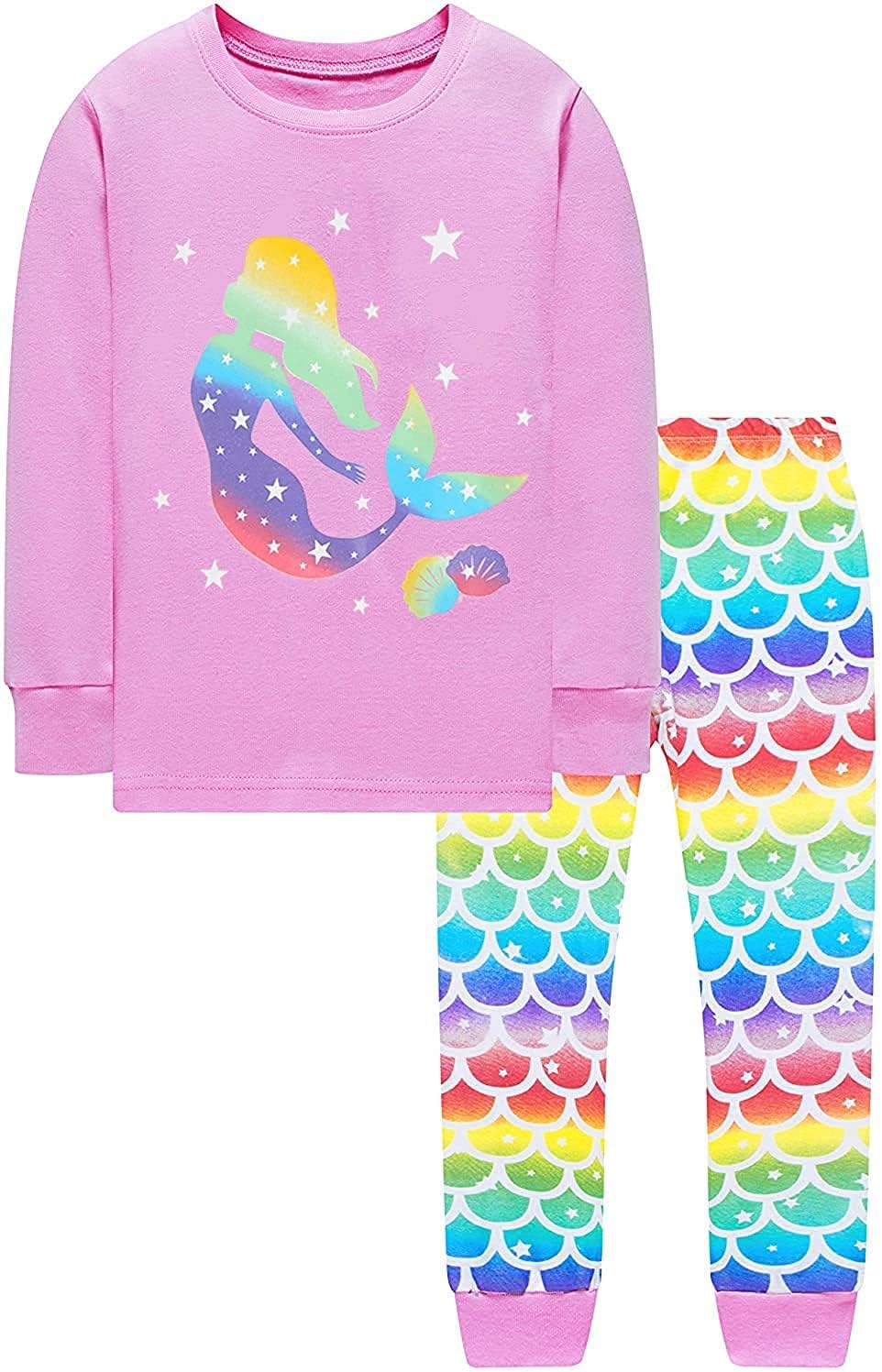 EULLA Kinder Schlafanzüge Mädchen Langarm Winter Pyjama Set Baumwolle Meerjungfrau Einhorn Prinzessin Katze Dino Zweiteilig Nachtwäsche 92 98 104 110 116 122