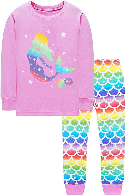 EULLA Children's Pyjamas Girls Long Sleeve Winter Pyjama Set Cotton Mermaid Unicorn Princess Cat Dino Two Piece Sleepwear 92 98 104 110 116 122