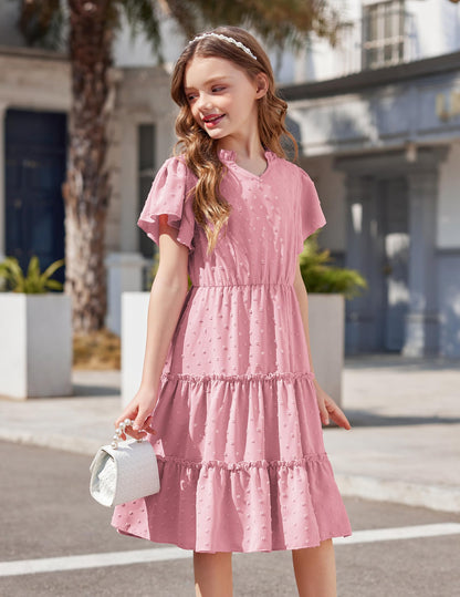 Arshiner Mädchen Kleid Festliches Rüschenärmel Sommerkleider V-Ausschnitt Partykleid Swiss Dot Stufenkleid Kinder A-Linie Swing Kinderkleid mit Tasche 3-12 Jahre