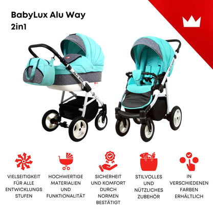 BabyLux® Kinderwagen Set 4 in 1 - Alu Way - incl. Babywanne, Buggy Sportsitz, Auto-Babyschale, ISOFIX-Basisstation - Autositz - Kinderwagenset - Kombikinderwagen mit Wickeltasche usw.