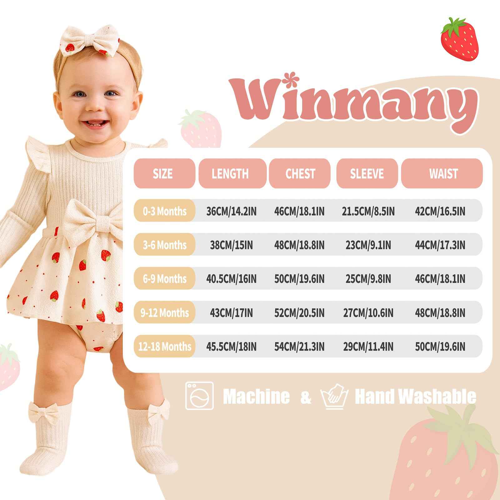 Winmany Strawberry Baby Girls Bodysuit with Sock Bow Headband Newborn Long Sleeve Bodysuit Autumn Winter Spring Jumpsuit Photography Props Clothes