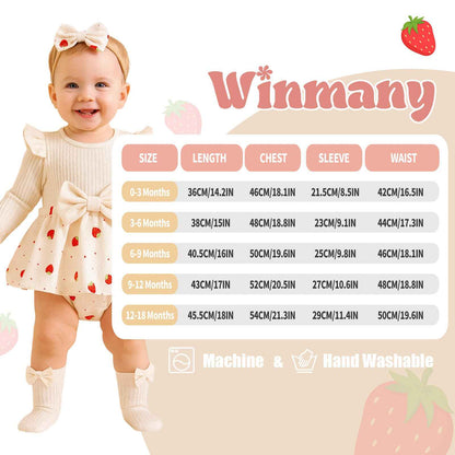 Winmany Strawberry Baby Girls Bodysuit with Sock Bow Headband Newborn Long Sleeve Bodysuit Autumn Winter Spring Jumpsuit Photography Props Clothes