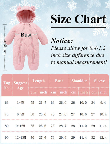 FEOYA Baby Winter Jumpsuit with Hood Snowsuit Down Suit Romper Thermal Outdoor Snow Jumpsuit Long Sleeve Down Shoes 3-18 Months