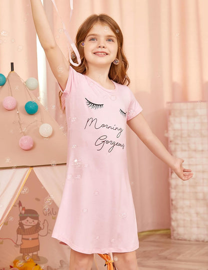 Arshiner Nachthemd Mädchen Kurzarm Pyjamas Kinder Schlafkleid Katze Einhorn Rundhals Nachtkleid 4-12 Jahre
