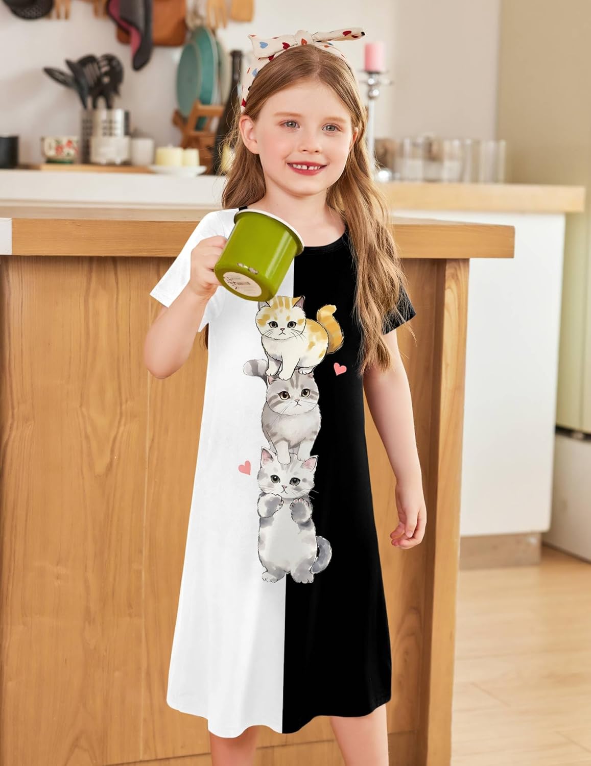 Arshiner Nachthemd Mädchen Kurzarm Pyjamas Kinder Schlafkleid Katze Einhorn Rundhals Nachtkleid 4-12 Jahre