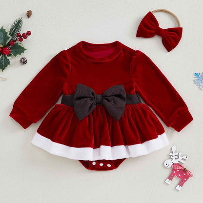 Geagodelia Girls Christmas Dress Long Sleeve Elegant Red Winter Dresses and Headband Set for Newborn Christmas