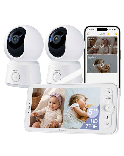 ARENTI 1080P Babyphone mit Kamera mit 5" Display, PTZ Video Babyfon mit Kamera und App, One-Touch-Ruf, Wiegenlied, Temperatursensor, Nachtsicht, 2 Wege Audio, Automatische Verfolgung, VoX Mode