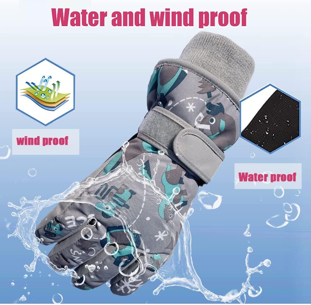 HNGEMSY Children's Winter Snow Gloves Ski Gloves for 2-13 Years Girls Boys PU Palm Waterproof Windproof Warm Fleece Winter Gloves