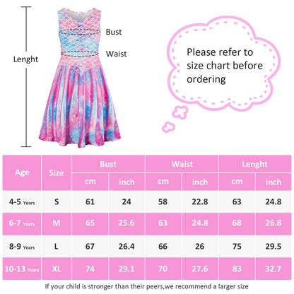 kids4ever Mädchen Kleid Ärmellos Sommerkleid Rundhals A-Linie Swing Kleid Meerjungfrau Galaxie Prinzessin Party Geburtstag 4-12 Jahre