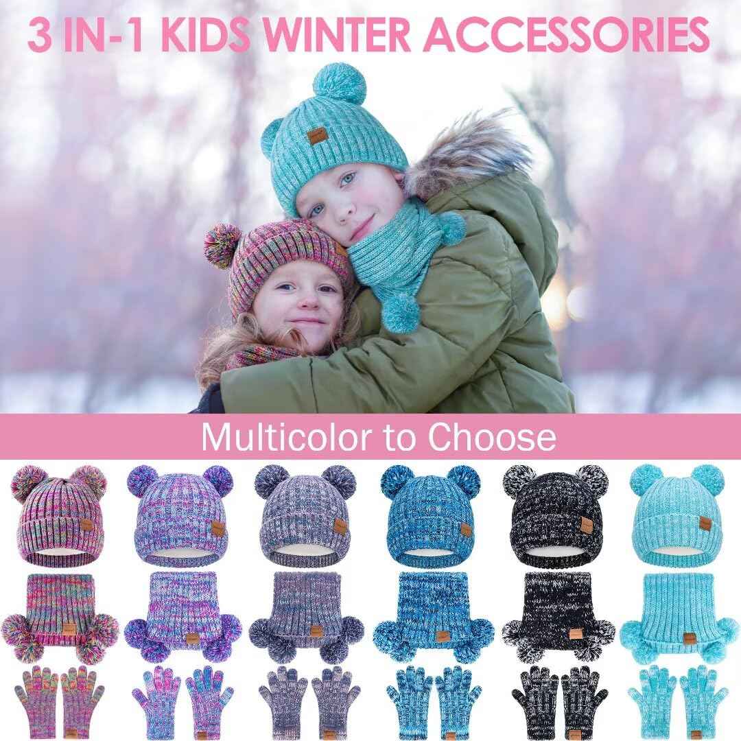 SENPUKI Gloves Hat and Scarf Children's Set, Girls Toddler Kids Beanie Hat Winter with Bobble Knitted Neck Warmer Neckerchief Tube Scarf Gloves Mittens Fleece Lined Gift Set