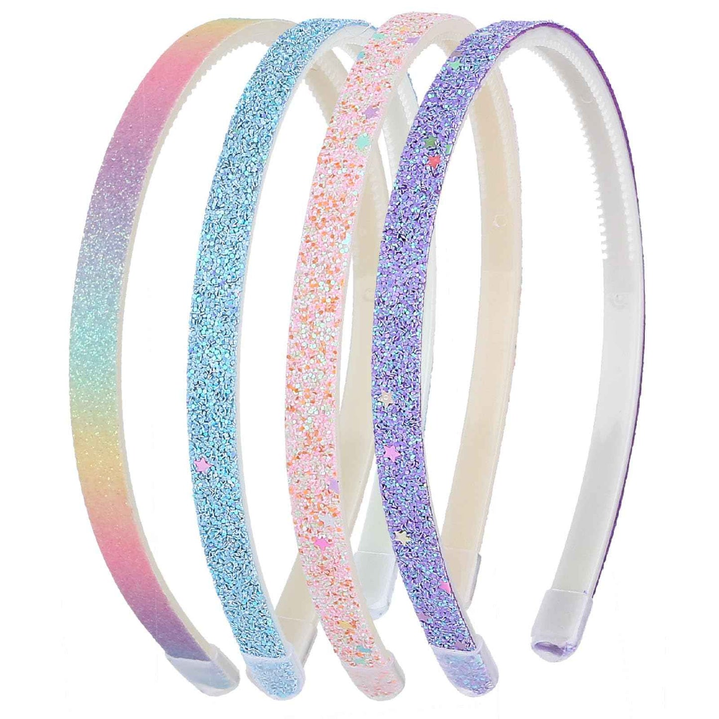 WLLHYF Pack of 4 Glitter Headbands, Colourful Hair Accessories, Plastic, Glittering, Cute, Non-Slip, Thick, Glittery, Confetti, Rainbow Hair Bands with Teeth for Little Girls (2 Gradient 2 Stars)