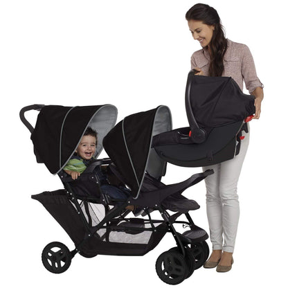 Graco Stadium Duo Geschwisterwagen, Zwillingswagen, 0-15 kg, auch mit Babyschale nutzbar, verstellbare Rückenlehnen, zusammenklappbar, freistehend, großer Staukorb, inkl. Snacktabletts, Titanium