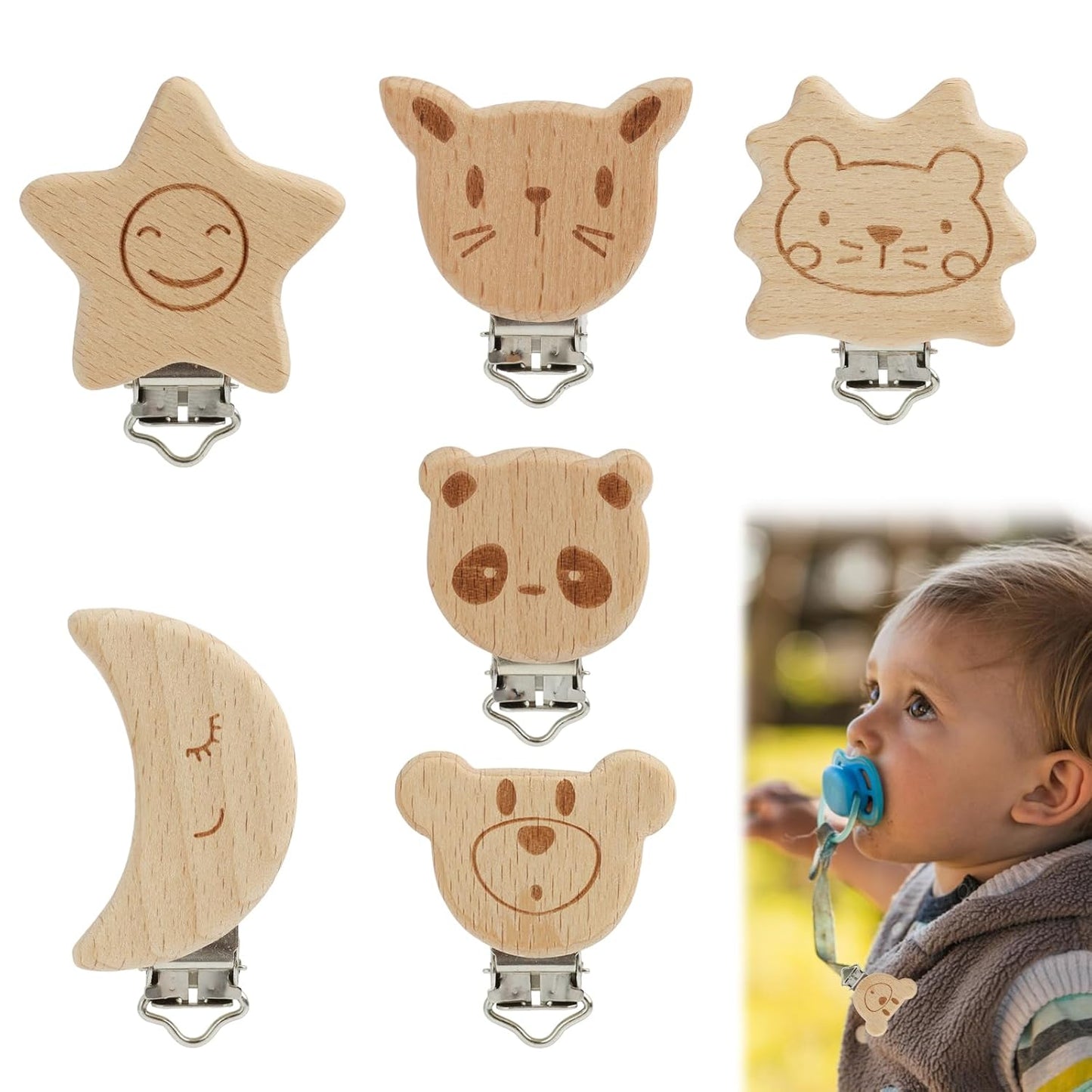 LEIBOCHAO 6 Stück Schnullerkette Holz Tierdesign mit Naturholz & Metall, Schnullerclip Holz für Schnullerkette, Babywagen, Kleidung – DIY Bastelset, Umweltfreundliches Babygeschenk (3-5 cm)