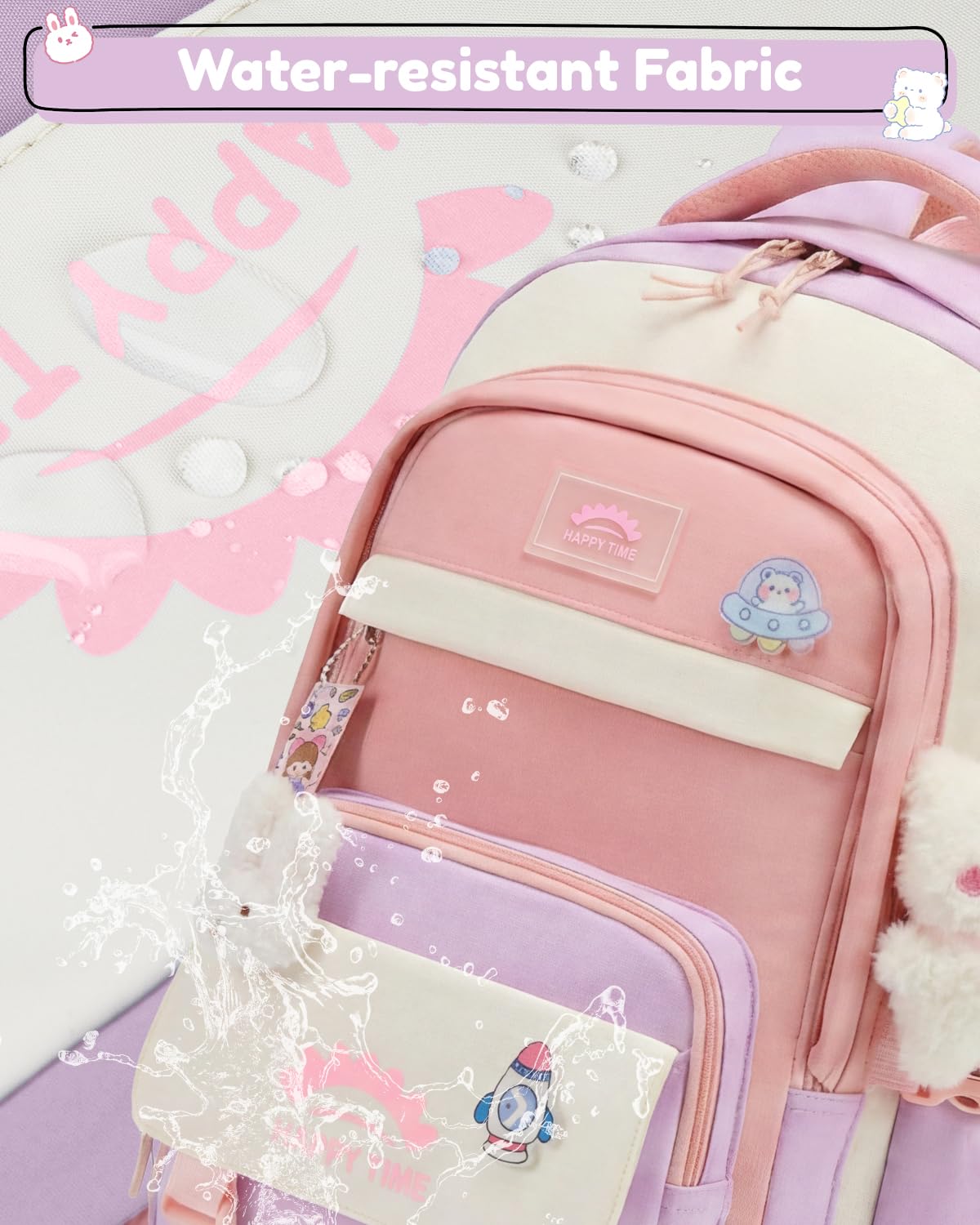 Tanou Schultasche Mädchen, Wasserabweisender Nylon Kinder Schulranzen, 20L | Leichter Schulrucksack für Mädchen der 2. bis 5. Klasse, Rucksack Schule mit Anhänger, Blau