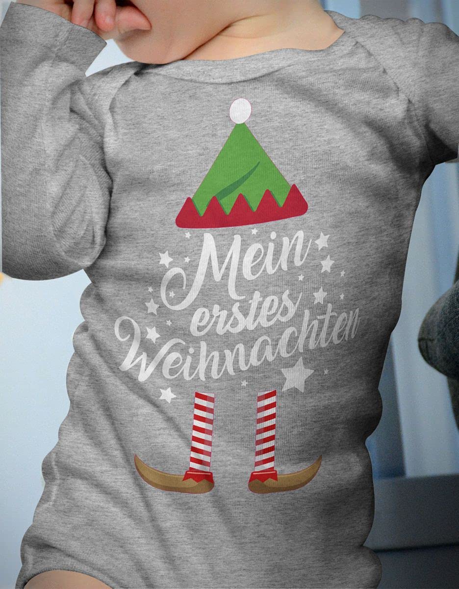 Mikalino Baby Bodysuit with Saying in German for Boys, Girls, Unisex, Long Sleeve, Mein erstes Weihnachten Saying (Christmas Elf), Hand Printed in Germany, Handmade with Love