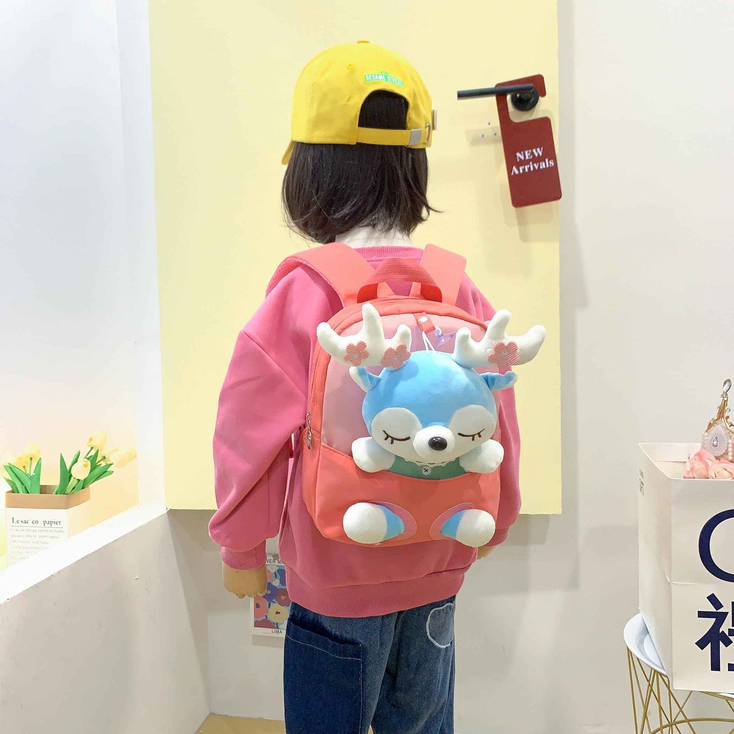 MIDSuN Small Children's Backpack, Removable Plush Doll, Nursery Backpack, Deer Nursery Backpack, Children's Bag for 2-5 Years, Nursery Boys and Girls